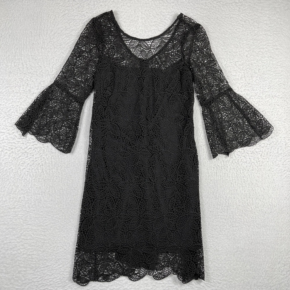 Yoana Baraschi Lace Shift Dress Womens S Black Bell Sleeve Leaf Guipure Cocktail